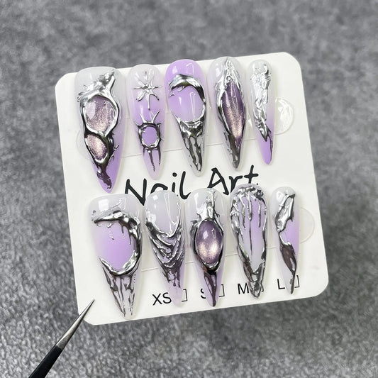 10Pcs Sweet Cool Light Purple Long Fashion Nail Shiny Gradient Cat Eye False Nails Metallic Handmade Nail Spicy Girl Detachable