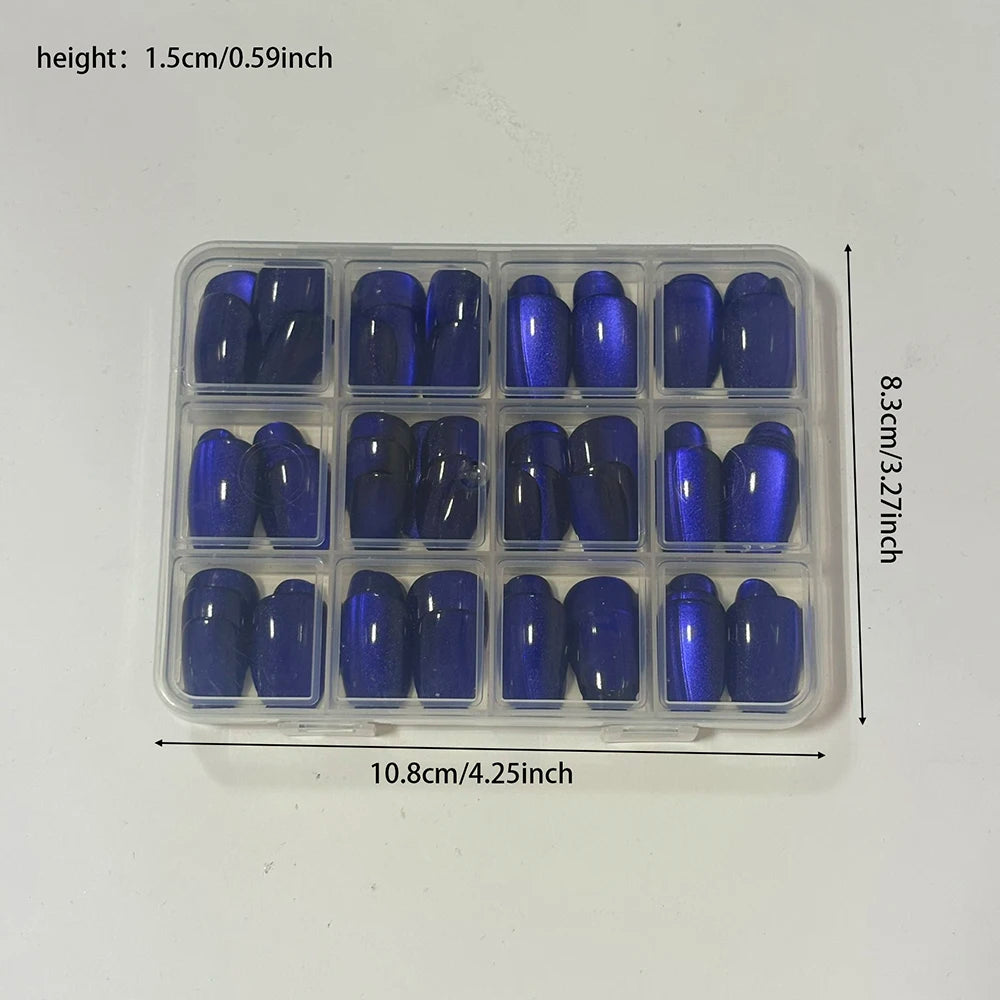 30/144Pcs Glossy Dark Blue Cat Eye False Nails Sparkly  Medium Oval Blue Press On Nails Artificial Full Cover Finger Fake Nails