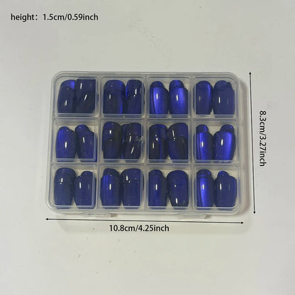 30/144Pcs Glossy Dark Blue Cat Eye False Nails Sparkly  Medium Oval Blue Press On Nails Artificial Full Cover Finger Fake Nails