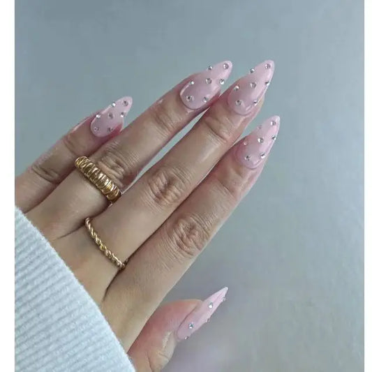 10pcs Long Almond Handmade Press-On Nails,Pink Nails,Cute,Polka Dot Nails,Suitable For All Ladies & Girls Everyday Wear