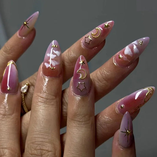 24Pcs Mid-length Almond Oval Nail Tips Full Cover Cute Stars Simple Design Fake Nails Rhinestone Removable Artificial Nails Art