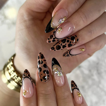 24Pcs Mid-length Almond Reusable Press on Fake Nails 3D Golden Flower Full Cover Nails Tips Wine Red Edge French False Nails Art