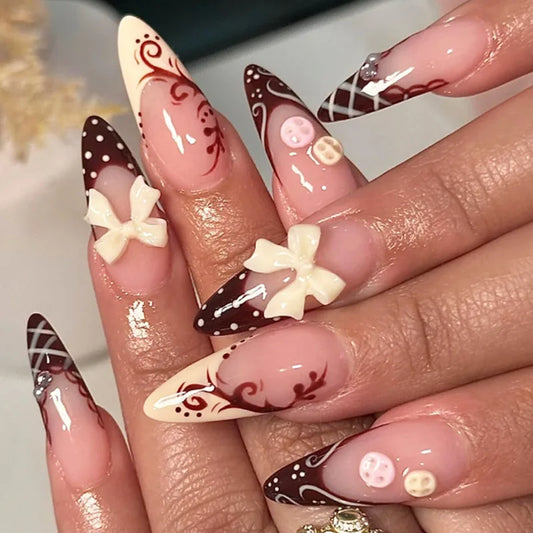 24Pcs White French Flower Fake Nails Butterfly Lemon Pearl Press on False Nails Mid-length Almond Wearable Full Cover Nails Tips