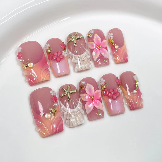 10Pcs Mid-length Coffin Handmade Nail Tips Set French Gradient Sea Star Shell Decorations Wearable Acrylic Nails for Spice Girls