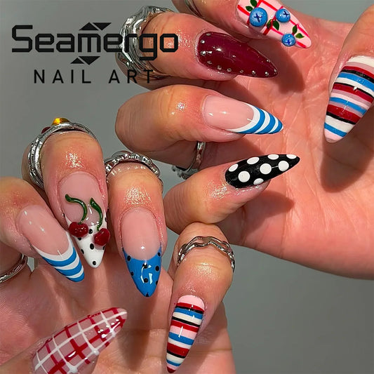 24PCS Almond Press on Nails Red White Blue Theme Cherry Plaid Polka Dot Stripe French Retro Coquette Style Reusable False Nails