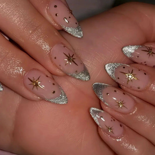 24pcs French Almond Press on Nails Flower Pattern False Nails Wearable Stick-on Nail Fake Nail Uñas Postizas Накладные Ногти 네일팁