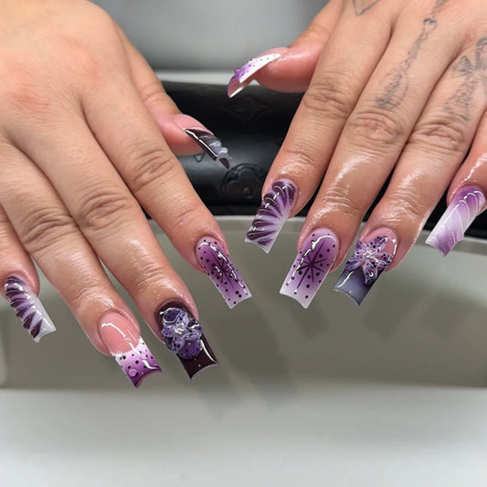 24pcs Devil Flower Printed Press On Nails Gradient Purple French Style Medium Square False Nails European Detachable Fake Nail