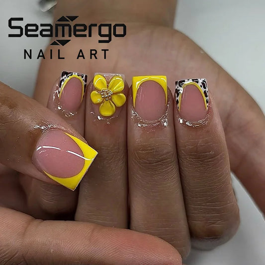 24PC Square False Nails Yellow Flower Cow Pattern Flash Diamond Design French Tip Press on Nails Removable Fake Nails for women