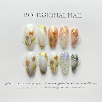 10Pcs Handmade Press on Nails Long Ballet Blue Fake Nails with 3D Ocean Moon Rhinestone Design False Nails Full Cover Nail Tips