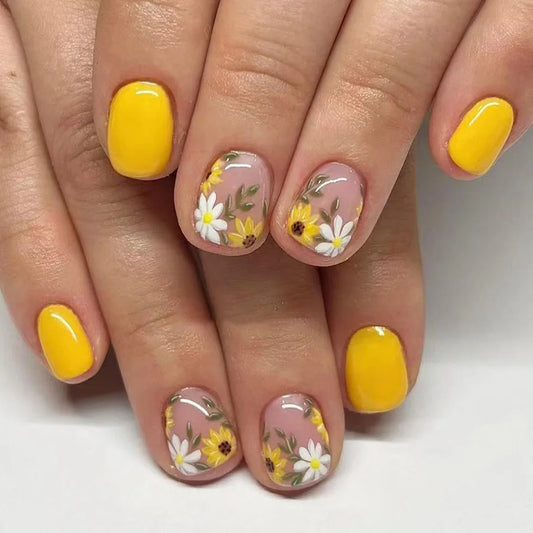 24Pcs Glossy Yellow False Nails Full Cover Press on Nails Lovely French Wearable Short Ballet Flower Pattern Art Manicure Summer