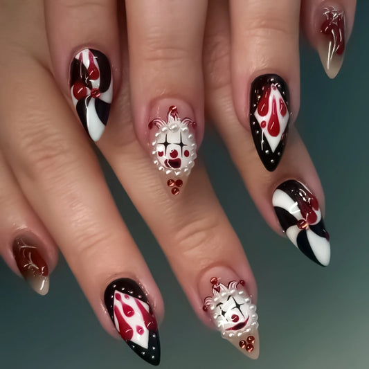 24pcs Circus Clowns Style Press On Nails Ghost Face Blood Drop Spiral Stripe Pattern False Nails Creative Halloween Fake Nail