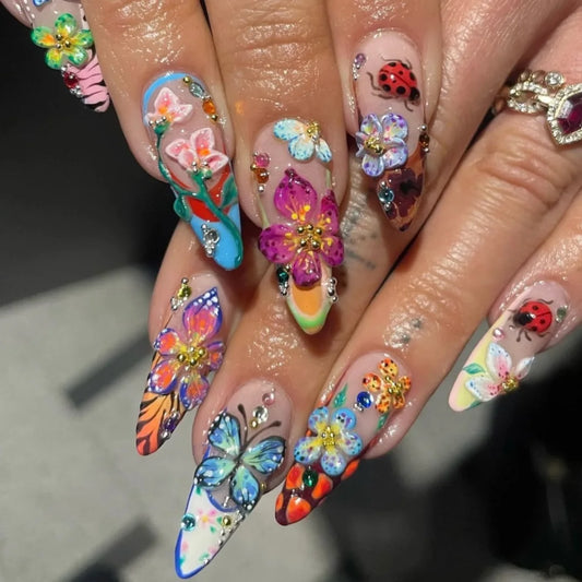 24Pcs Mid-length French Almond Press on Nails Tips 3D Colorful Flower Butterfly Insect Fake Nail Rhinestone Reusable False Nails