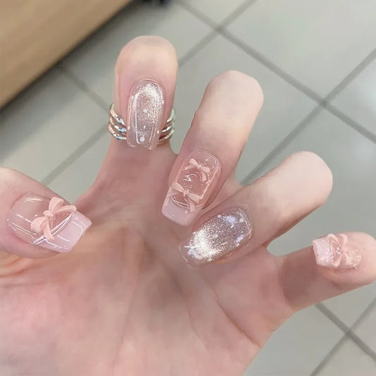 24Pcs/box Pink Bow Polka-dot Fairy Press on Fake Nails French Short Ballet Sweet Removable Nail Tips Art Set 네일팁 Накладные Ногти