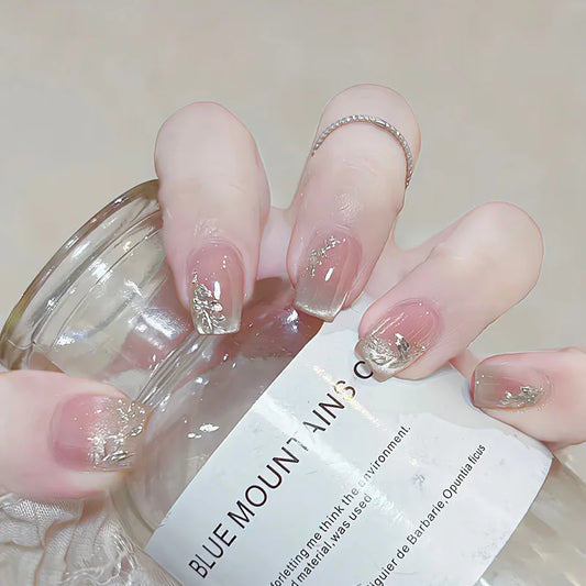 24Pcs French Short Square White Reusable False Nail Tips with Rhinestone Star Chain Nude Pink Acrylic Lovely Nails Fashion Set