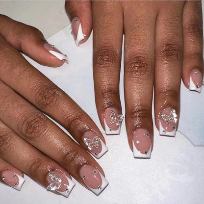 24pcs Press on Nails Short Almond Bowknot Black Press on Nails White Pearl Sweet French Tip Press on Nails Cute Nail Artificial