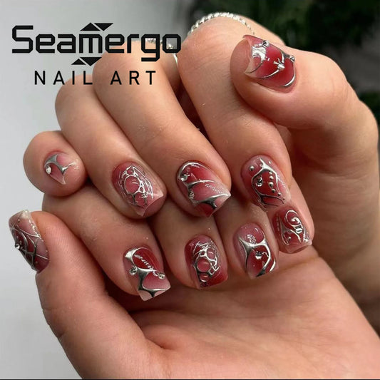 24PCS Red Smudge Short Square Blush False Nails with Silver Line Bead Details Graffiti Scratch Removable Press on Nails Gothic