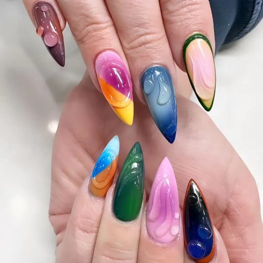 24pcs Color Almond Press on Nails Ins 3d Water Drop Gel Design Fake Nails for Women Girls Manicure Wearable French False Nails