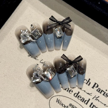10pcs Gradient Brown French Tips False Nails Long Ladder Phototherapy Sweet Handmade Fake Nails Bows Diamond Decor Press On Nail