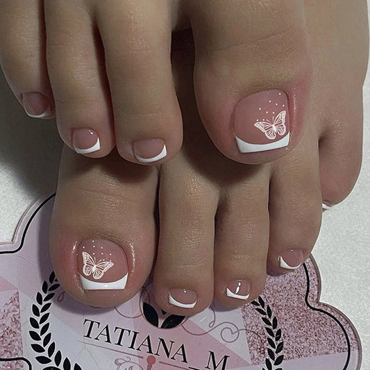 24Pcs Short Square Head Fake Toenails Press on Simple White French False Nails with Flower Design Wearable Full Cover Nails Tips