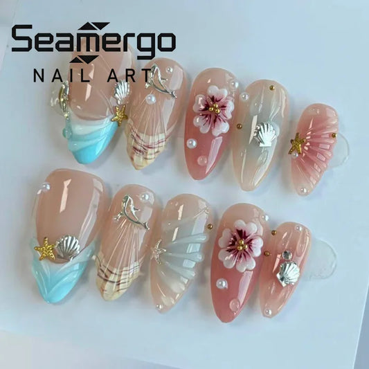 24PCS Luxury 3D Gilt Floral Diamond Press on Nails Dreamy Seaside Shell Star False Nails Almond Gentle for Women Girl Fake Nails