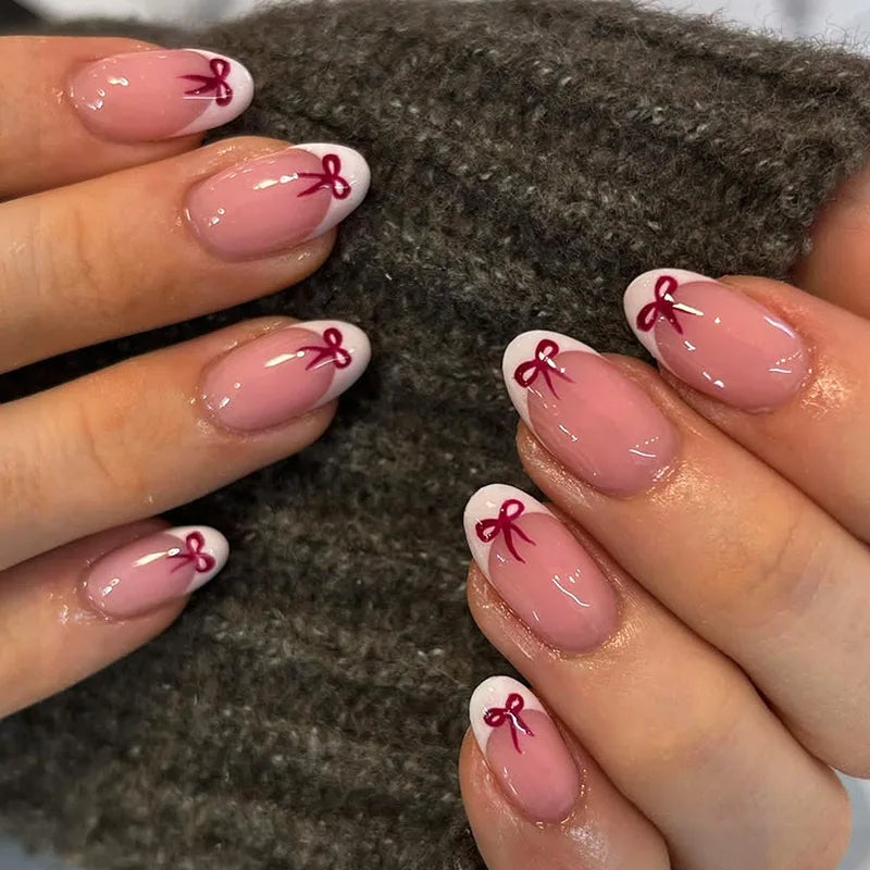 24pcs Fashion French White Fake Nails Sets Sweet Flower Long Almond False Nail Art Wearable Bow Pearl Design Press on Nails Tips