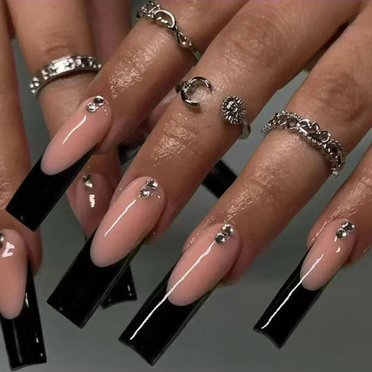 24Pcs Wearable False Nails with Glue Long Ballerina Pink Press on Nails French Full Cover Coffin Fake Nails Tip with Rhinestones