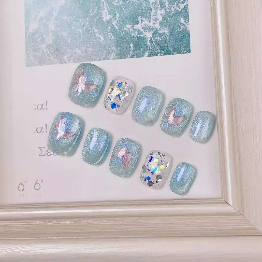 10Pcs Cat Eye Handmade Press on Nails Candy Color Fake Nails Summer Cute Wearable Stick-on Nails Full Cover False Nail Uñas 네일팁