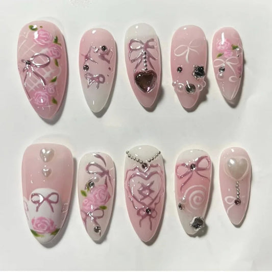 24pcs Sweet Cool Almond False Nails Y2k Red Ins Cherry Flower Bowknots Printed Press On Nails French Style Detachable Fake Nail