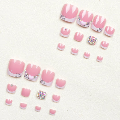 24Pcs Toenail Patch White French Wear Nail Art Three-Dimensional Pink Small Heart Fake Nail