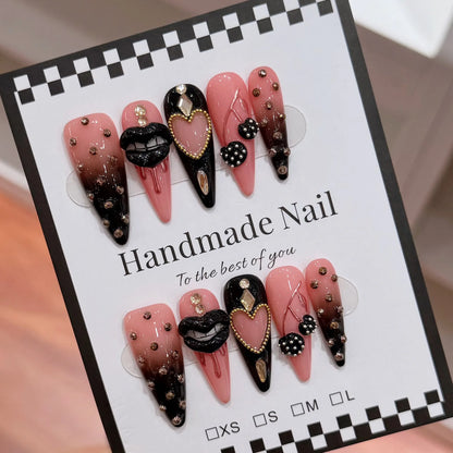 10pcs Long Polka Dot French Stiletto Handmade Press on Nails 3D Flower False Nails with Colorful Pearl Design Uñas Postizas 네일팁