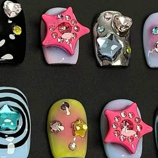 10pcs high-end Pure manual magic short style suitable for a variety of people handmade fake nails, Exploding stars small diamond
