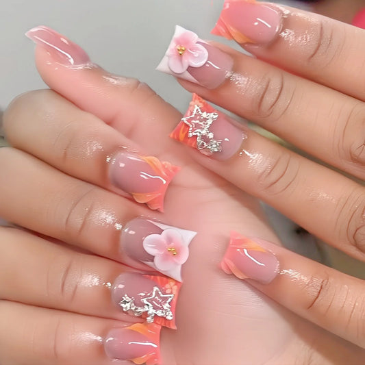 24pcs Glossy Duckbill False Nails Orange French Style White Flower Decor Press On Nails Y2k Star Short Sweet Cool Fake Nail