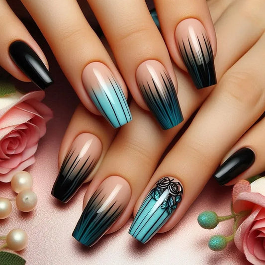24pcs Acrylic Ballet False Nails Art Black Green Gradient Tips Coffin Press on Nails Set Flower Lines Pattern Stick on Fake Nail