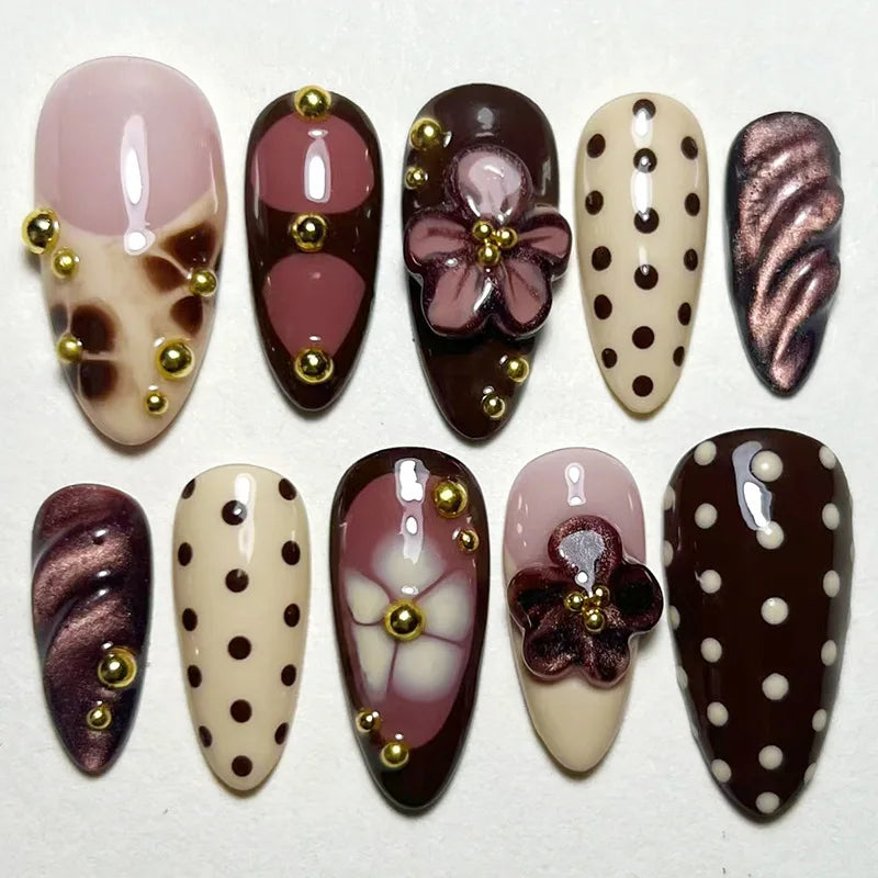 24Pcs Mid-length Almond Press on Fake Nails with Insect Flower Button Design Full Cover Nails Tips Reusable Finished False Nails