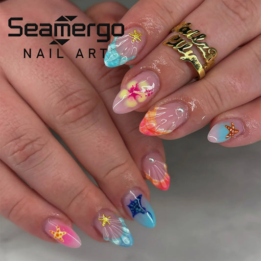 24PCS Ocean Theme Fake Nails Starfish Shell Hibiscus Print Almond Press on Nails Blue Pink Gradient False Nails for Summer Beach
