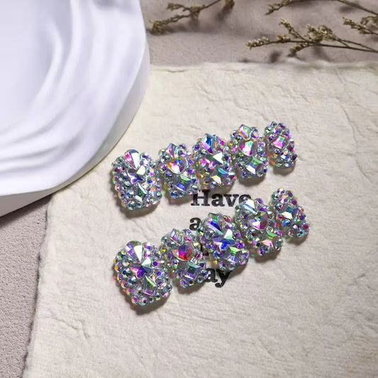 10pcs high-end AB Full of colorful diamonds handmade fake nails, Light luxury short and eye-catching nail art