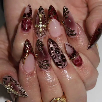 24Pcs Short Almond Fake Nails Butterfly Wings Nail Art with Glue Glitter Flower False Nails Acrylic Autumn Winter Press on Nail