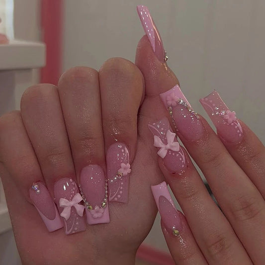 24PCS- Pink coffin nail, 3D pink bow, flower decoration, rhinestone setting, exquisite elegance, simple and generous, suitable f