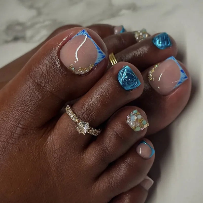 White French Fake Toenails with Rhinestone Design False Toenails for Girls Women Acrylic Toe Nail Tips Full Cover Wearable 24pcs