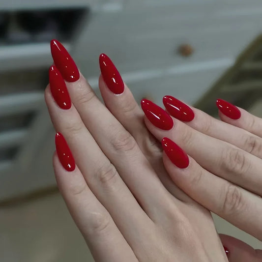 24pcs Red Almond Press on Nails Tip Temperament Solid Color Wearable Fake Nails Tips Simple Fashion False Nail Art Manicure Sets