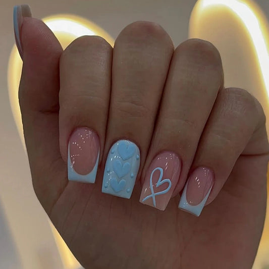 24pc Medium Square Blue French Fake Nails, Hearts on Nails Detachable And Reusable Jelly Glue 1pc Cuticle Pusher