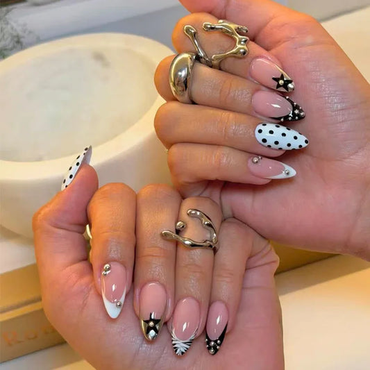 24pcs Polka Dot Star Press on Nails Sets Simple Y2k French Almond False Nail Tips White Fake Nails Art Finished Pearl Manicure