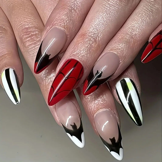 24pcs Black Bat Print Press on Nails Halloween Gothic Punk European Fake Nails Wearable Spider Web Print Almond False Nails