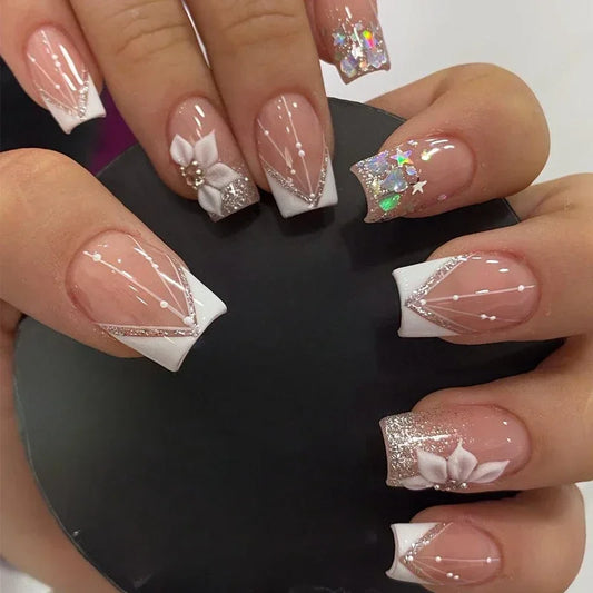 24pcs Short Square Pink Simple French False Nails with Glue Pearl Bow Design False Nails Press on Nails Full Cover Nail Tips Art