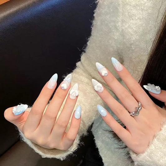 10pcs high-end Cute, sweet and cool style, blue three-dimensional ice-transparent bow cat paw heart handmade fake nails