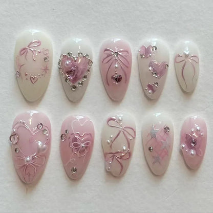 24Pcs Light Blue Smudge Fake Nails Press on Almond Gold Leaf Removable Long Full Cover Nail Tips Wearable Finished Nail Art