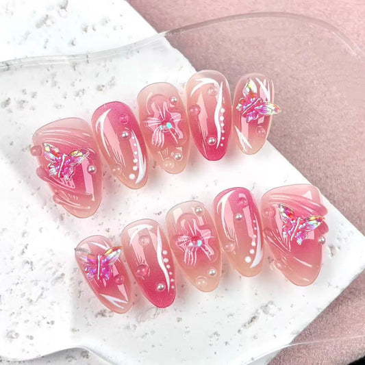 24Pcs Short Almond Press on False Nails with Pink Smudge 3D Butterfly Flower Fake Nails Full Cover Pearl Wearable Manicure Tips