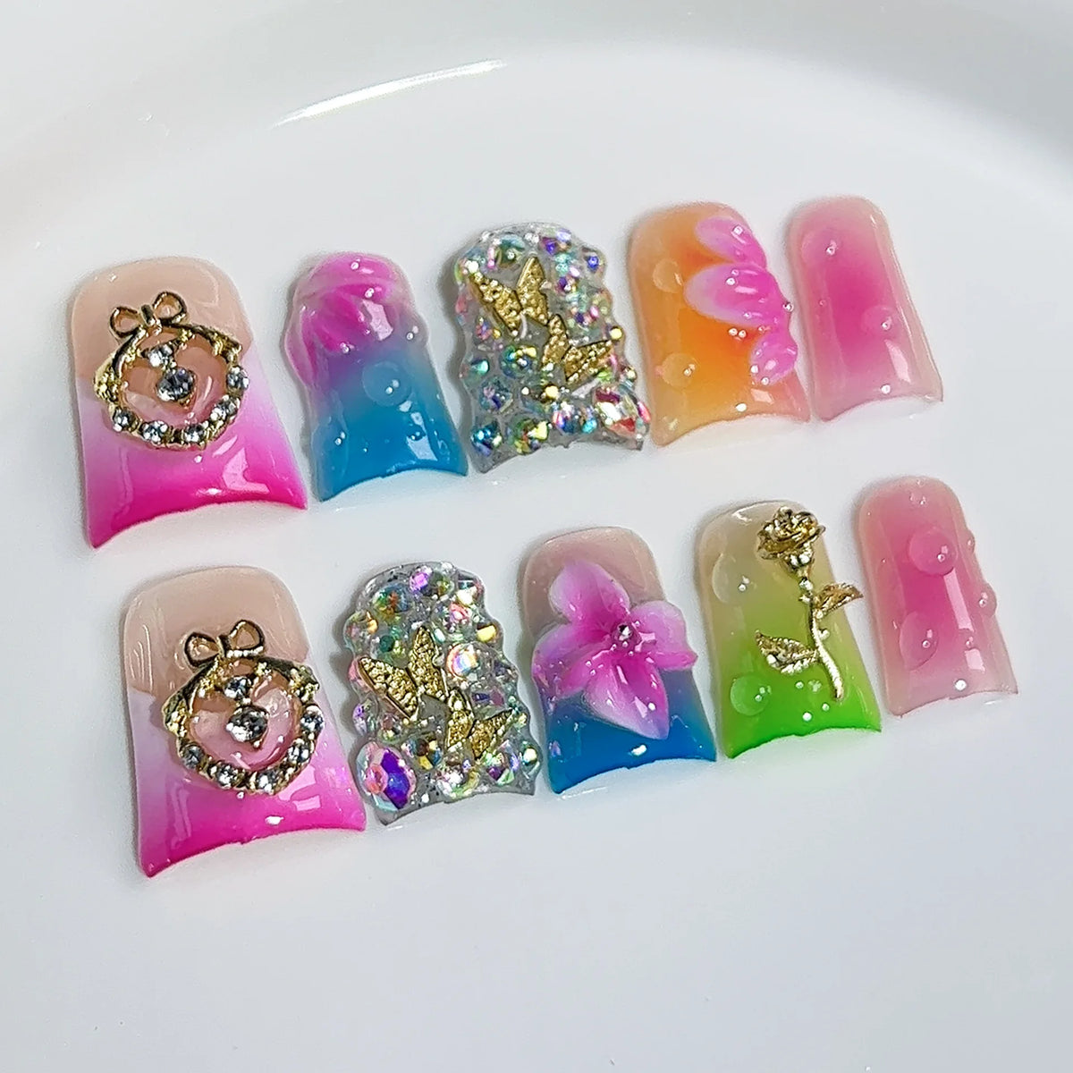 10pcs Short Duckbill Handmade Fake Nails Art Simple Black French False Nail with Diamond Tips Design Press on Nails Set Finished