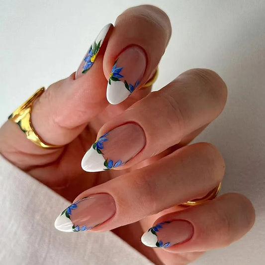 24Pcs/set Summer Short Almond Artificial Nails French Removable Nail Stickers Simple Flower White False Nails Oval Manicure Tool