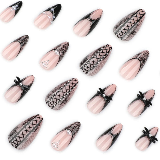 24pcs Gothic Style Fake Nail Tips Black Lace Edge French Tips Y2k Almond False Nails With Pearl Bowknots Decor Press On Nail
